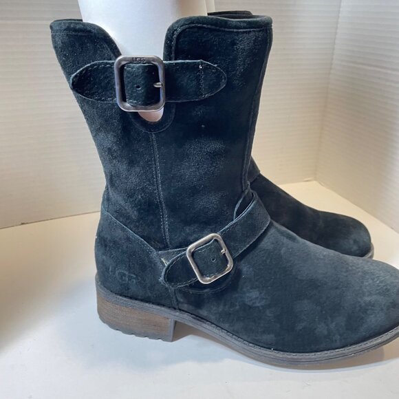 Ugg Black Suede Mid-Calf Buckle Boots Womens Size 8 - Picture 4 of 12